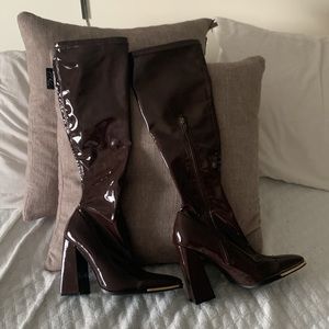 Public Desire Caryn Chocolate PU Heeled knee high boots